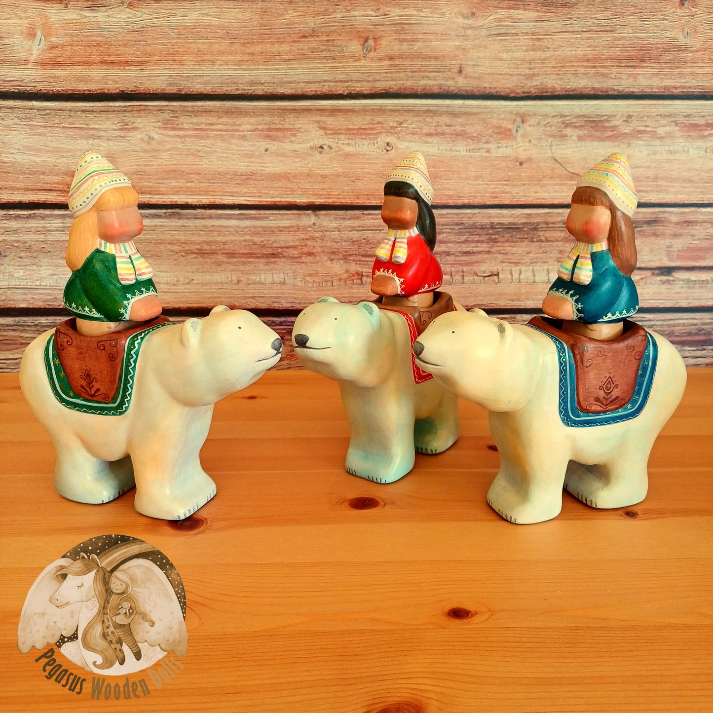 Wooden Polar Bear with rider (green)