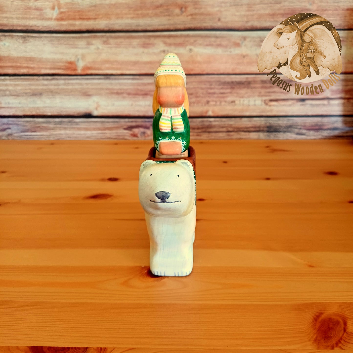 Wooden Polar Bear with rider (green)