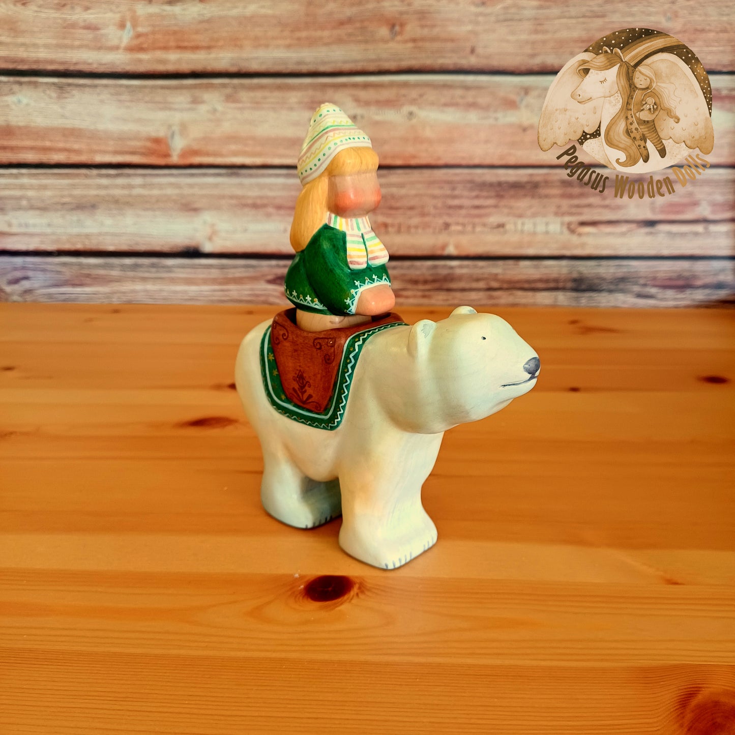 Wooden Polar Bear with rider (green)