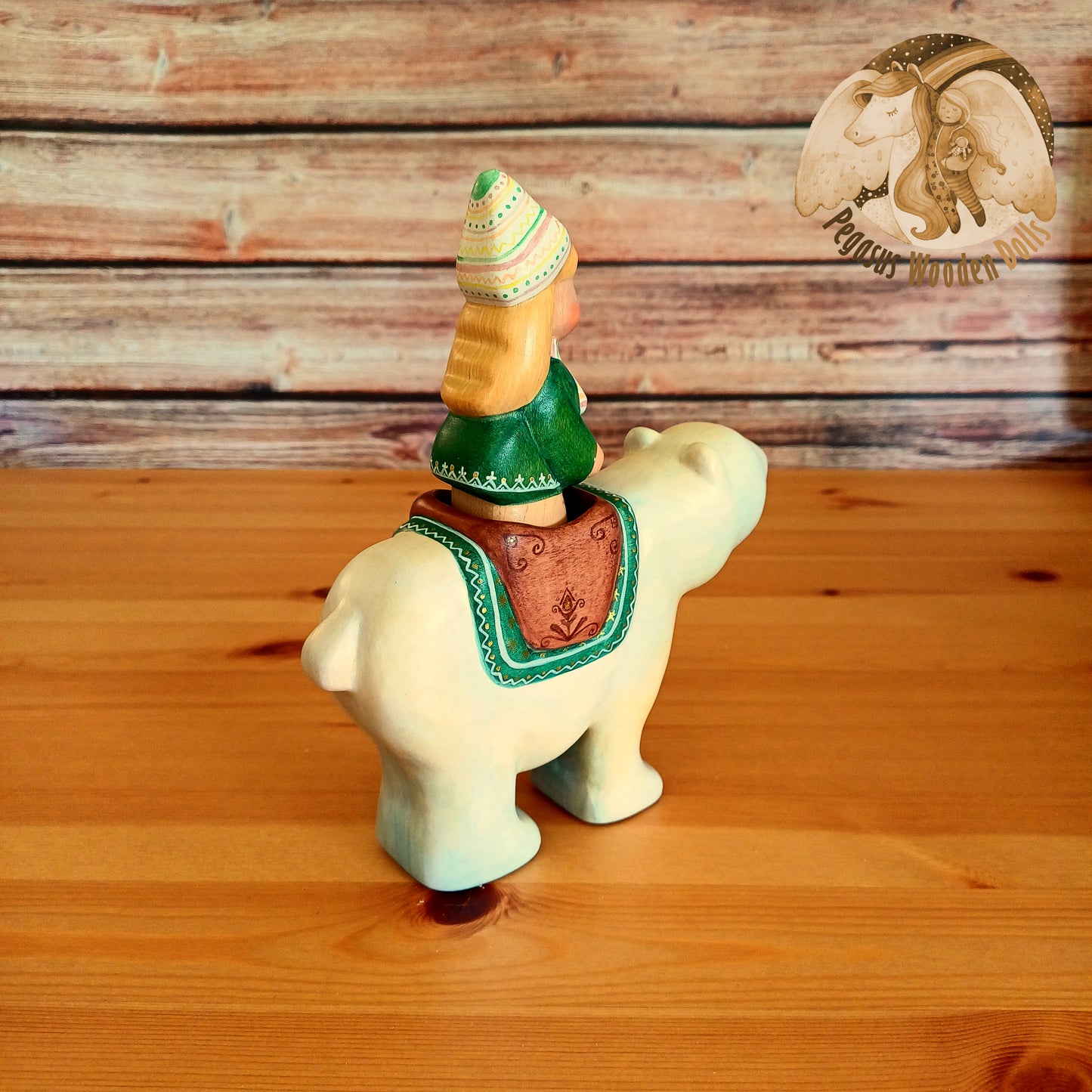 Wooden Polar Bear with rider (green)