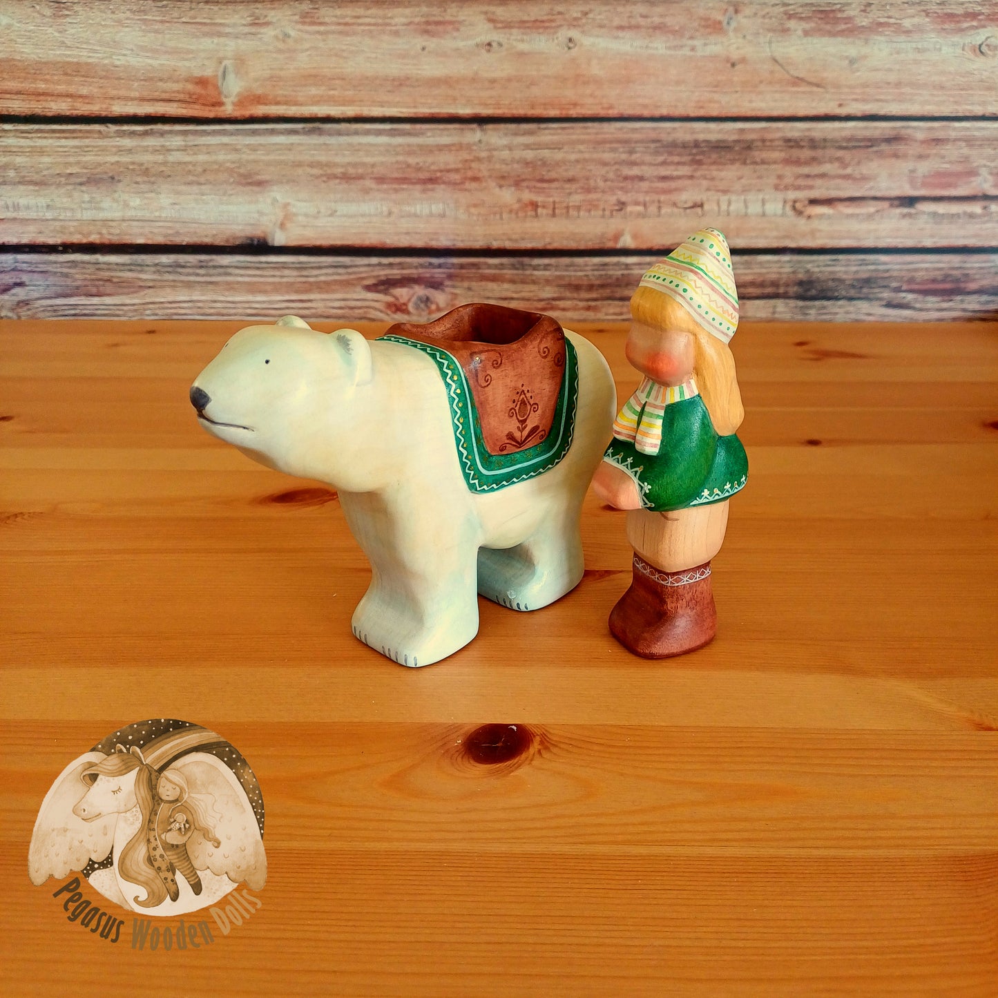 Wooden Polar Bear with rider (green)