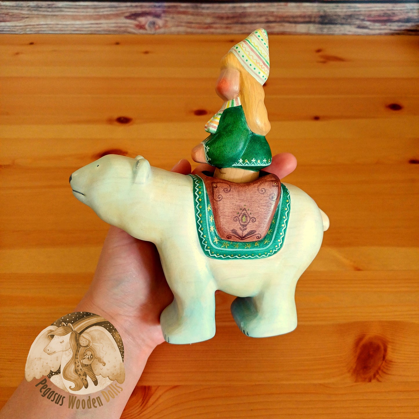 Wooden Polar Bear with rider (green)