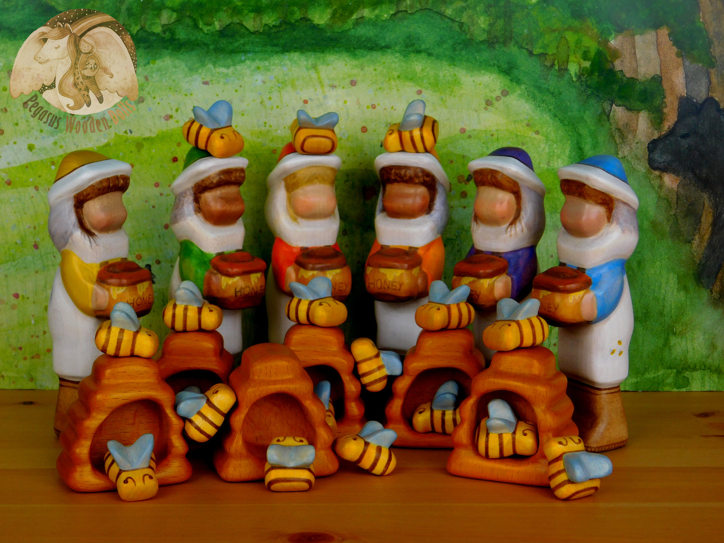 Wooden Bees in beehive set of 4 pieces