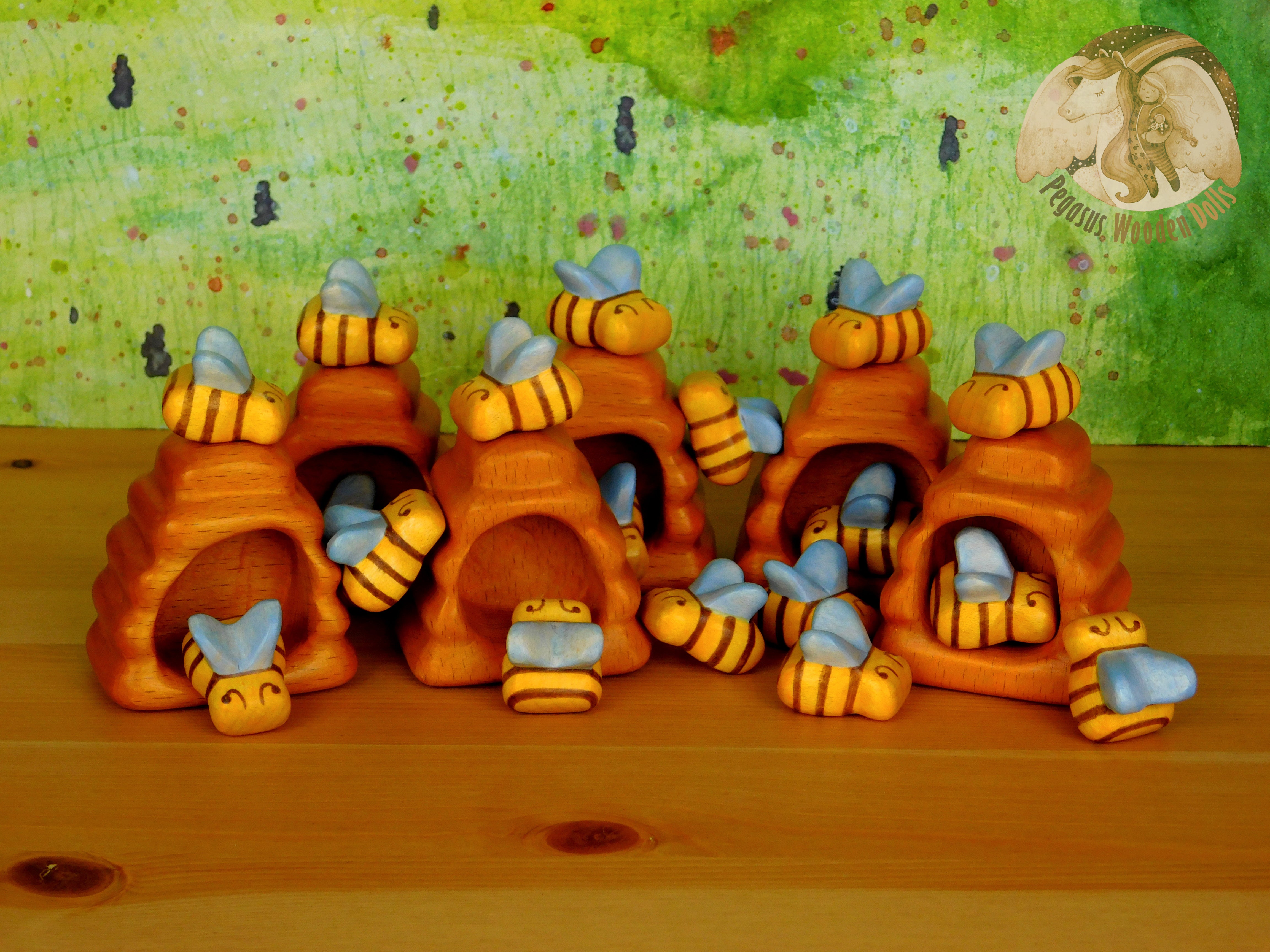 Wooden Bees in beehive set of 4 pieces Pegasus Wooden Dolls