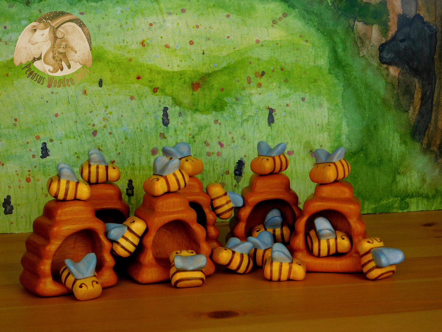 Wooden Bees in beehive set of 4 pieces