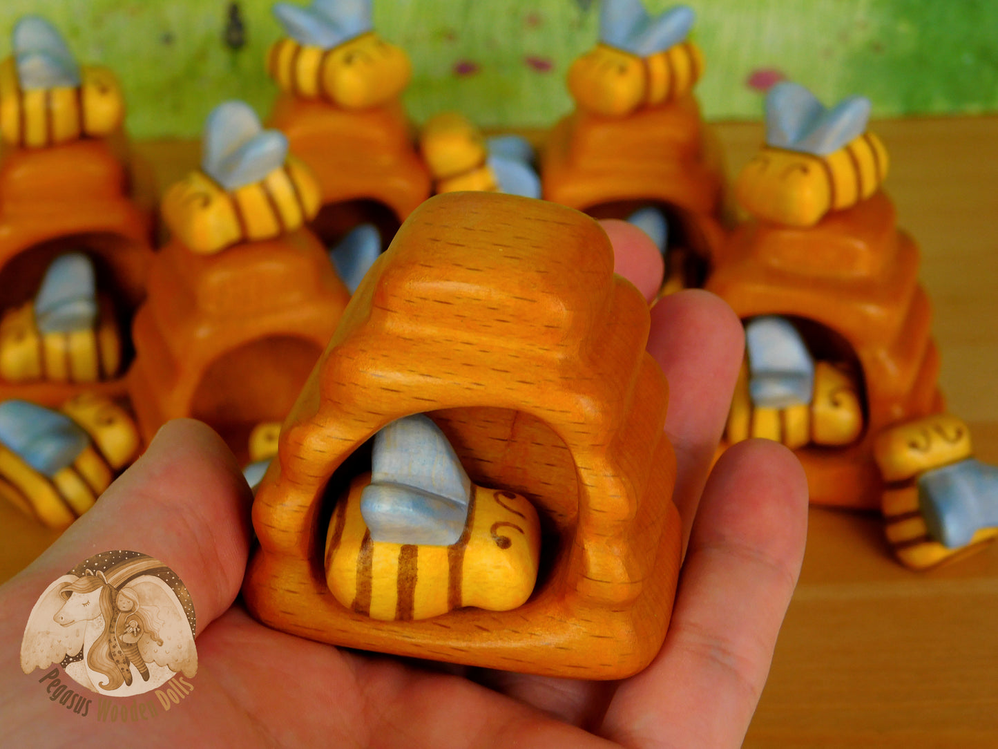 Wooden Bees in beehive set of 4 pieces