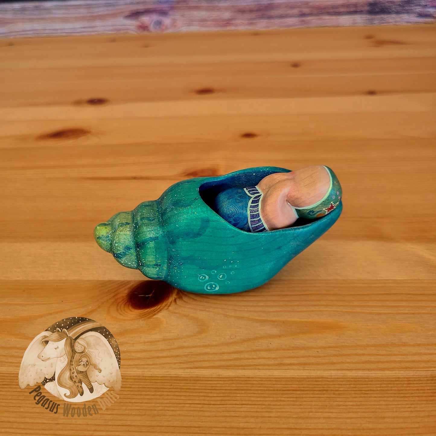 Wooden Blue Conch Shell with green merbaby