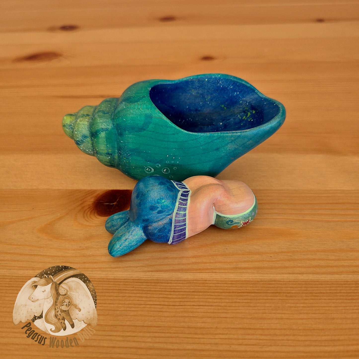 Wooden Blue Conch Shell with green merbaby