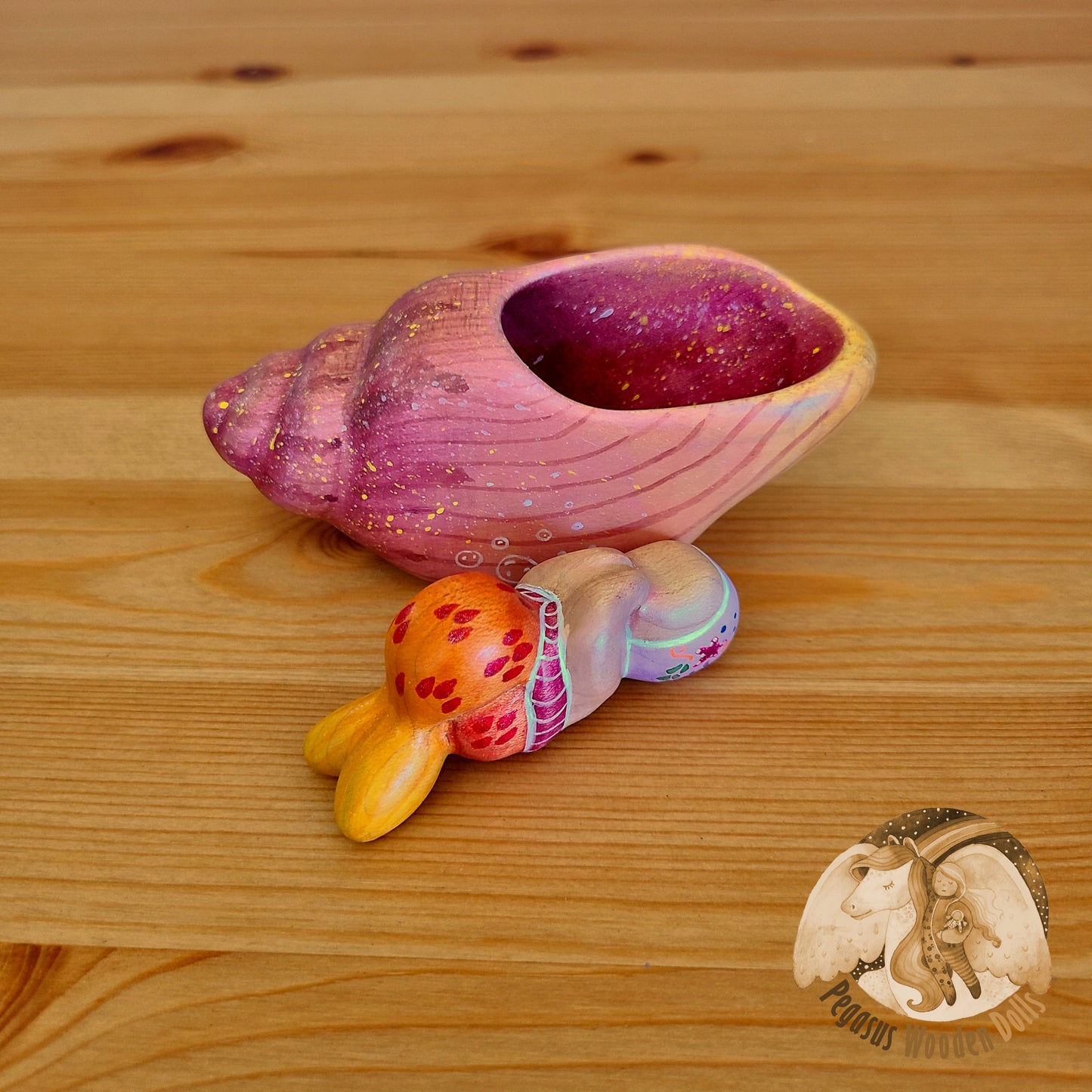 Wooden Pink Conch Shell with pink merbaby