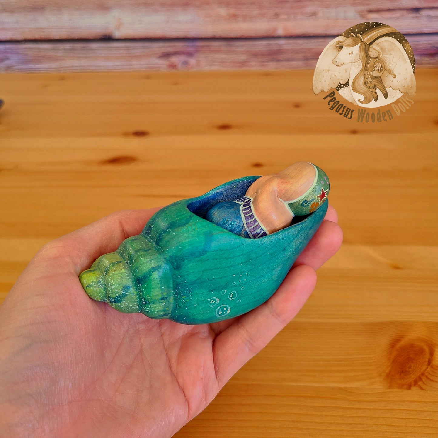 Wooden Blue Conch Shell with green merbaby