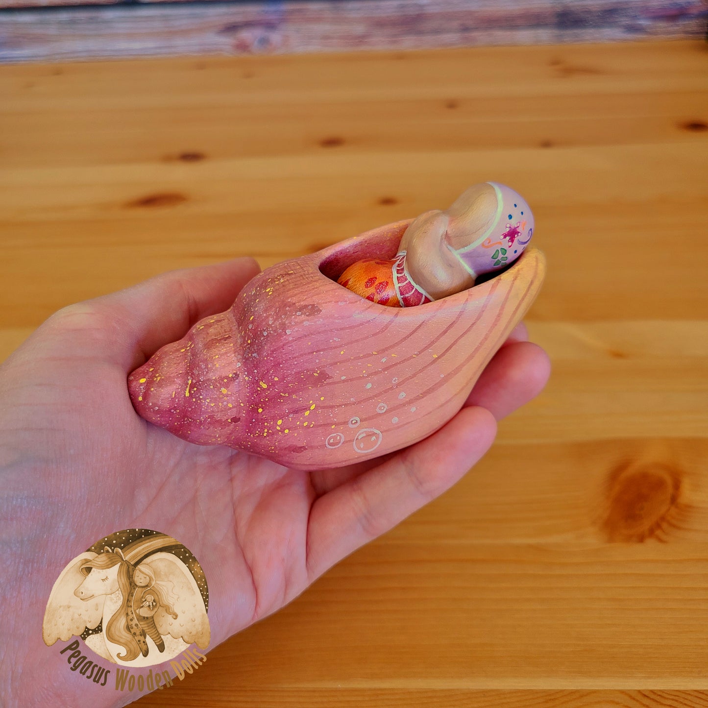 Wooden Pink Conch Shell with pink merbaby