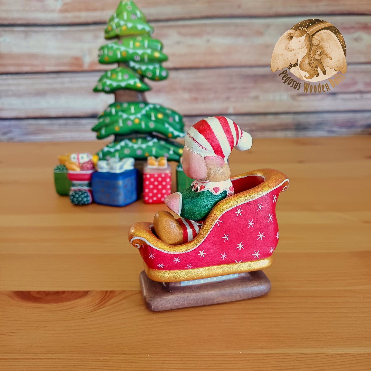 Wooden Winter Sitting Elf Baby in slide (blonde hair)