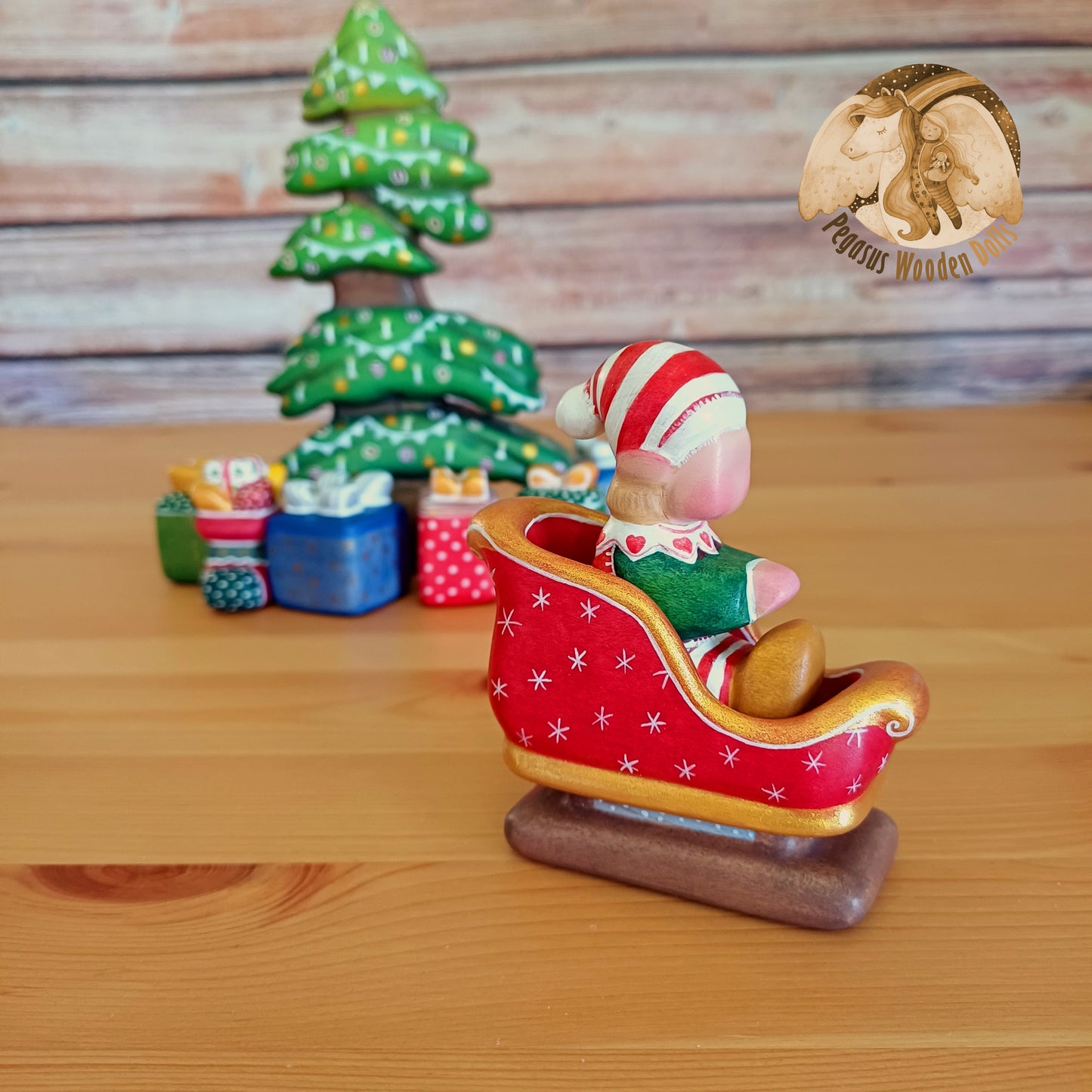 Wooden Winter Sitting Elf Baby in slide (blonde hair)