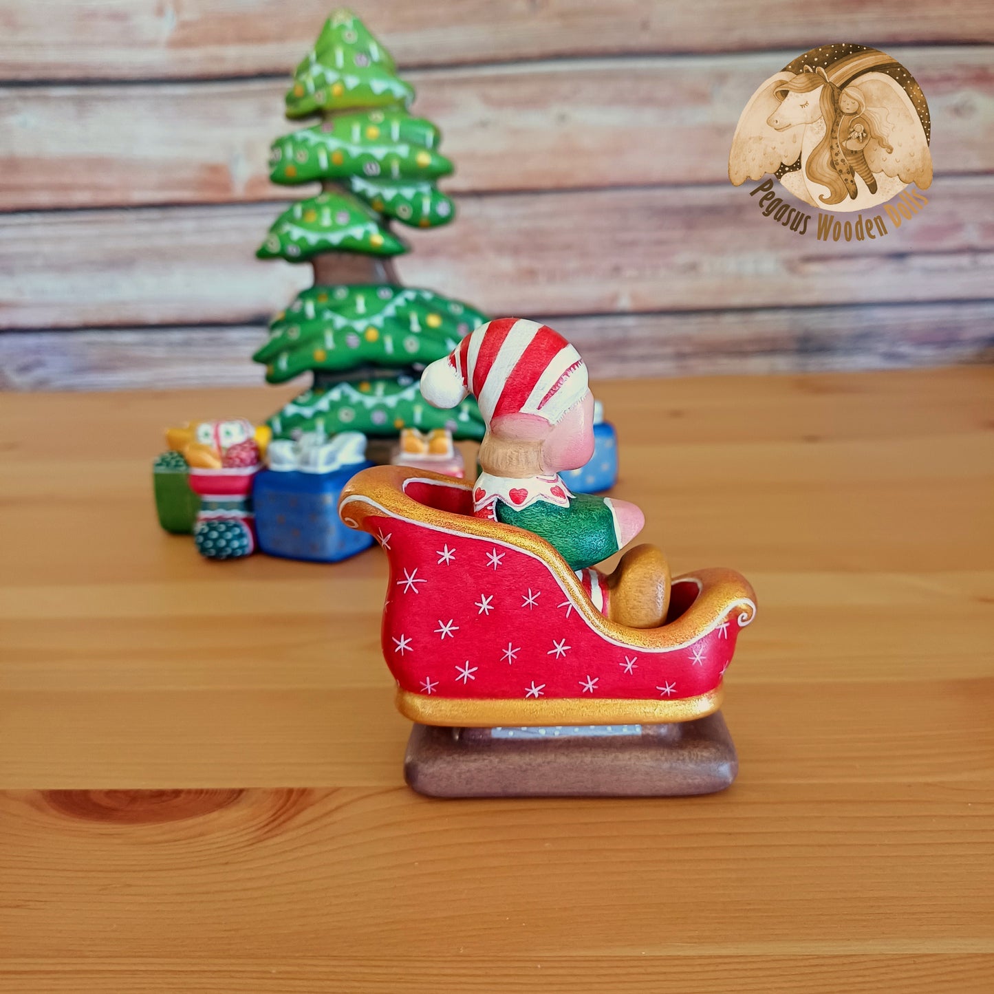 Wooden Winter Sitting Elf Baby in slide (blonde hair)