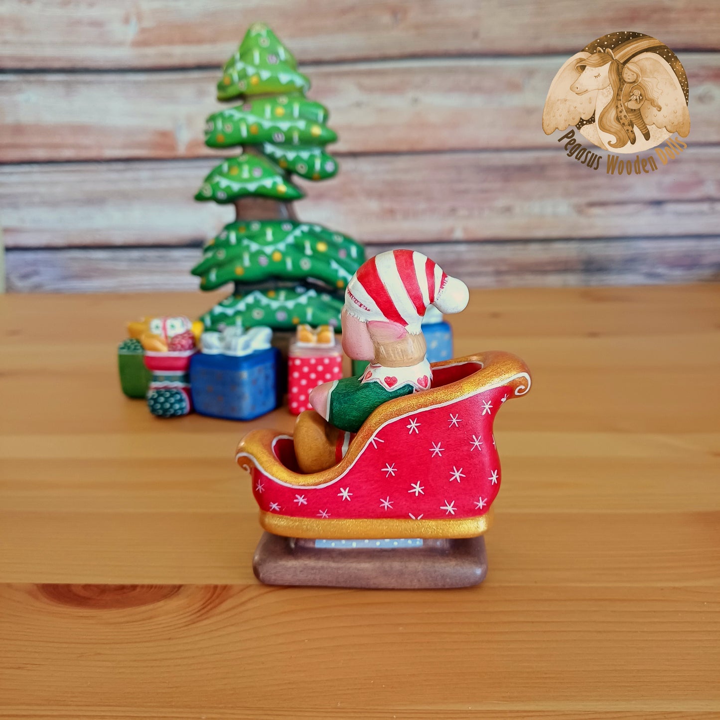 Wooden Winter Sitting Elf Baby in slide (blonde hair)