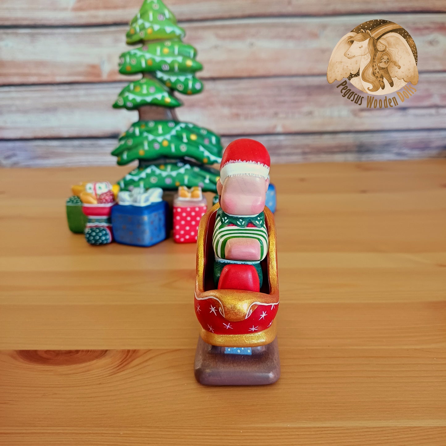 Wooden Winter Sitting Elf Baby in slide (brown hair)