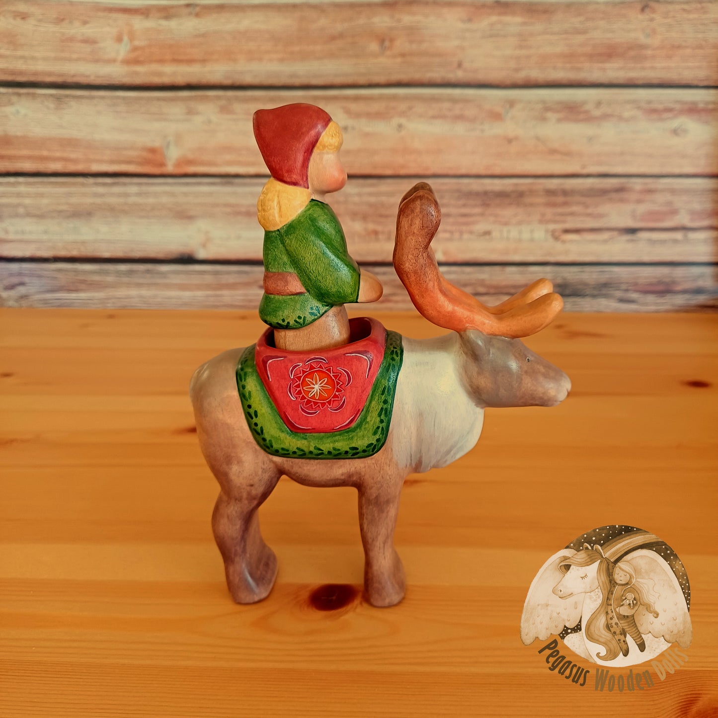 Wooden Reindeer with rider (blonde)