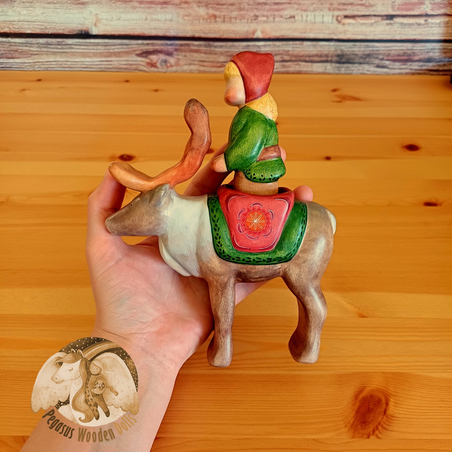 Wooden Reindeer with rider (blonde)