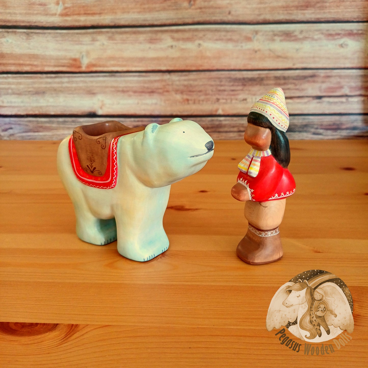 Wooden Polar Bear with rider (red)