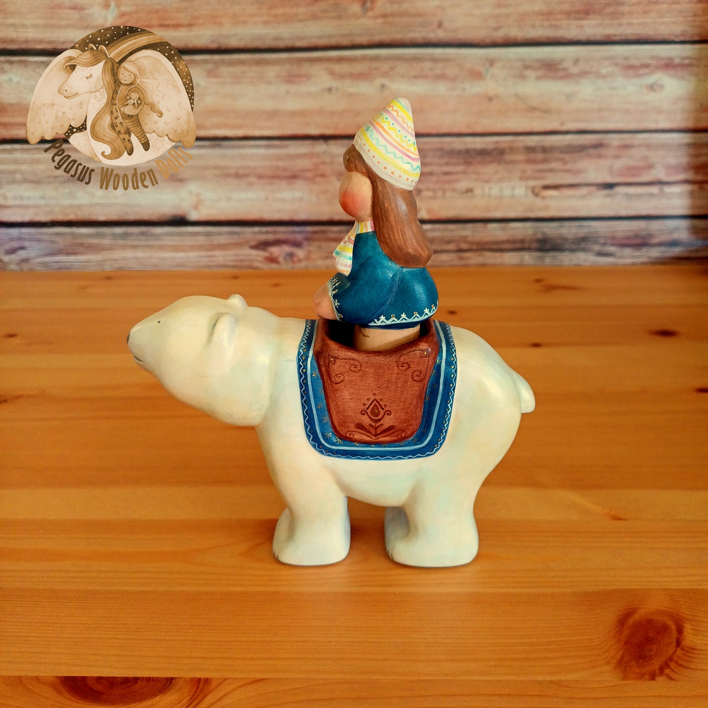 Wooden Polar Bear with rider (blue)