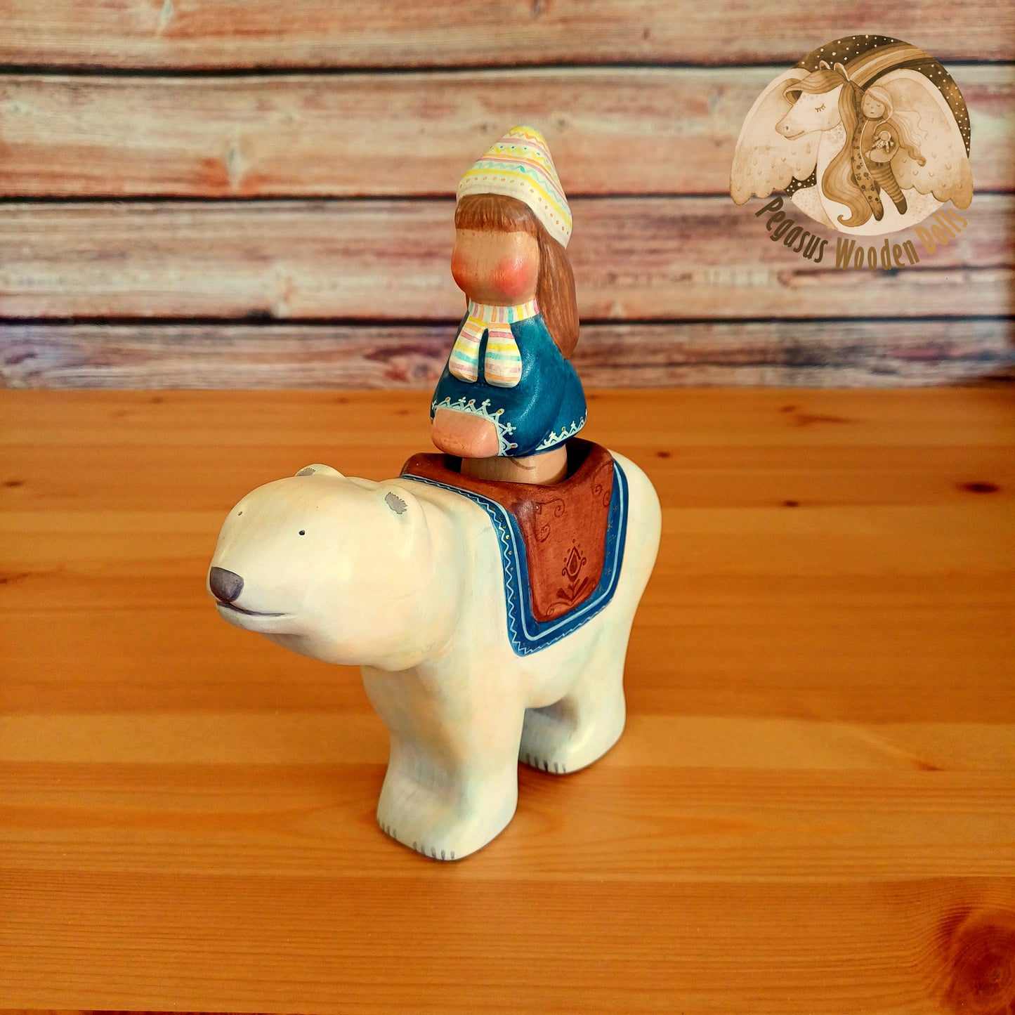 Wooden Polar Bear with rider (blue)