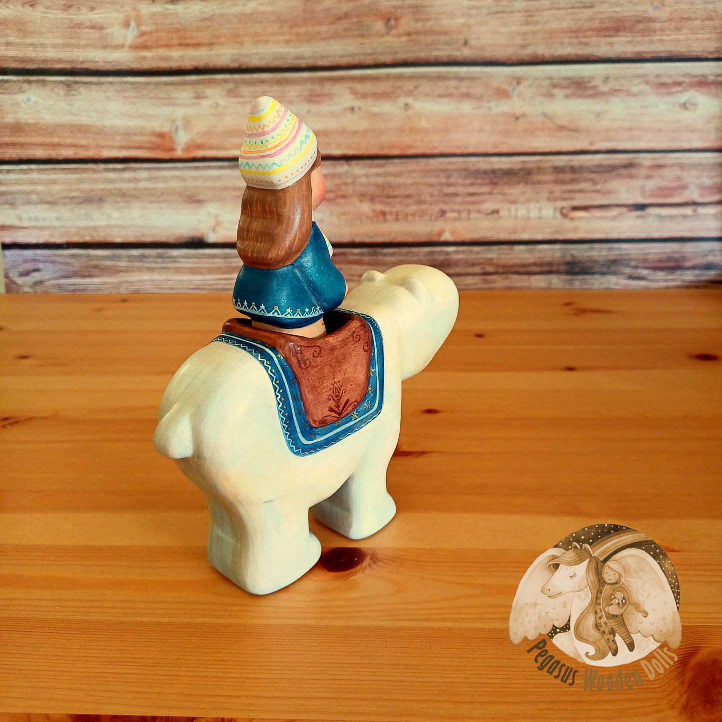 Wooden Polar Bear with rider (blue)