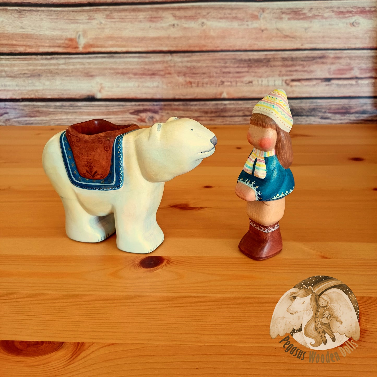 Wooden Polar Bear with rider (blue)