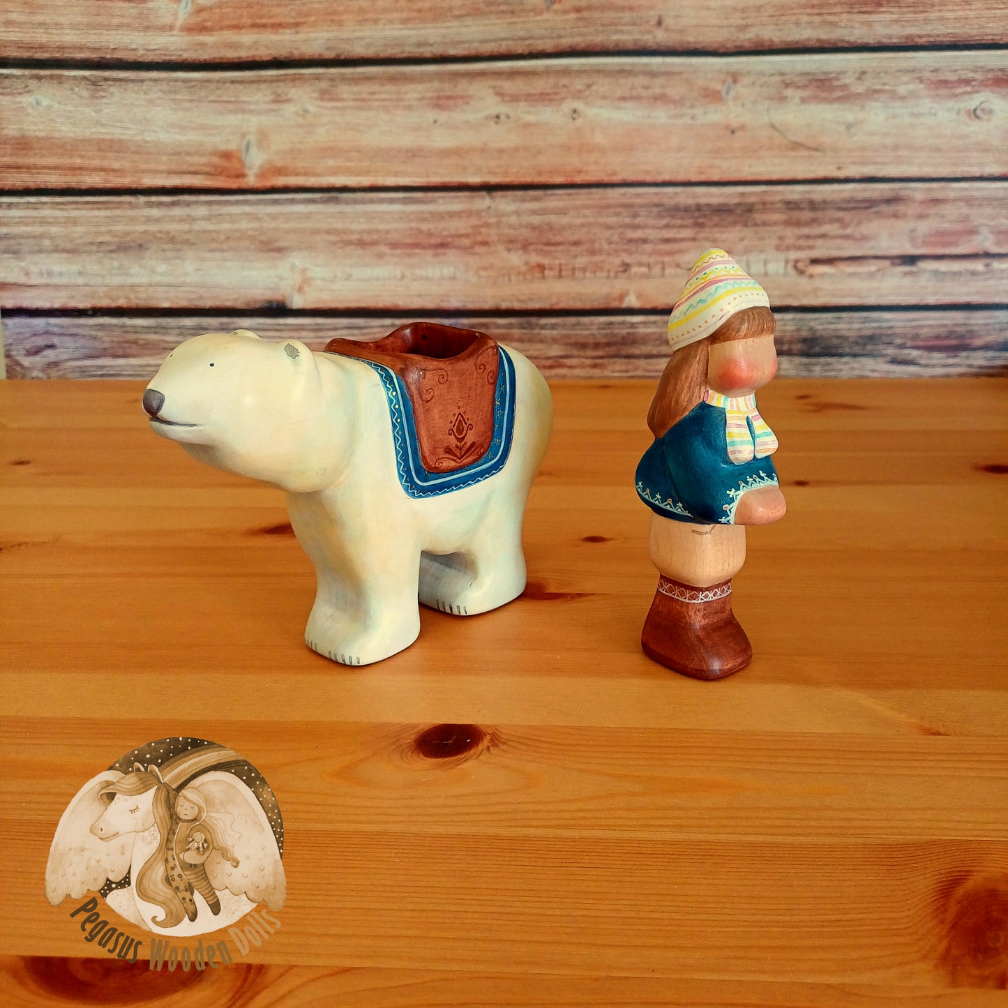 Wooden Polar Bear with rider (blue)