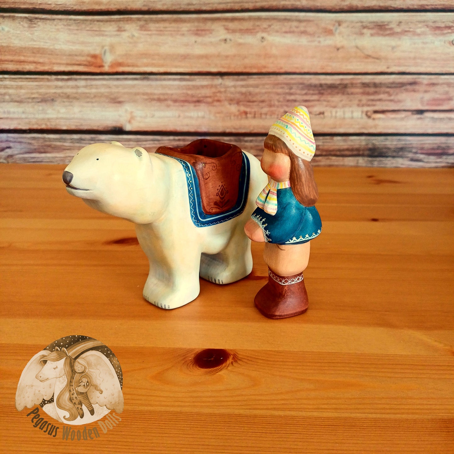 Wooden Polar Bear with rider (blue)