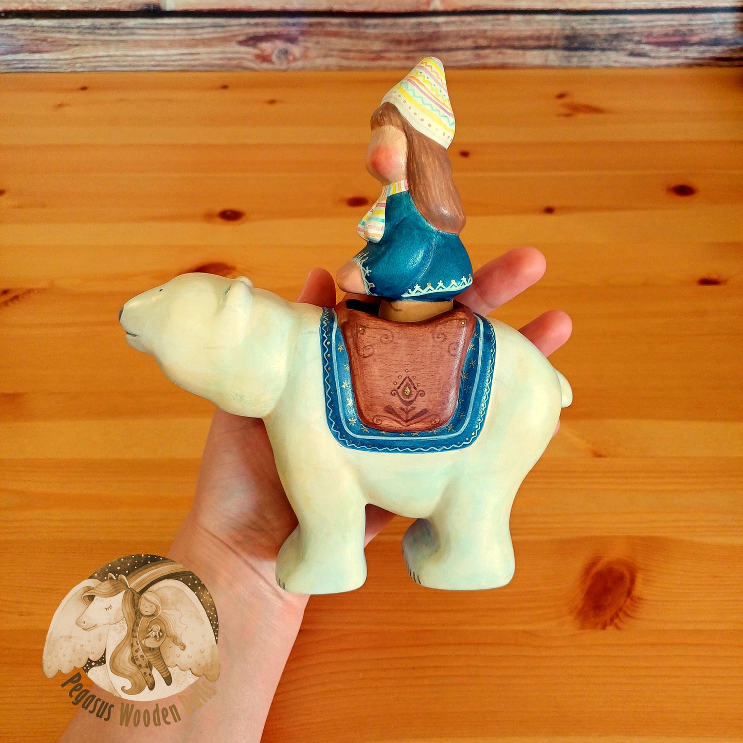 Wooden Polar Bear with rider (blue)