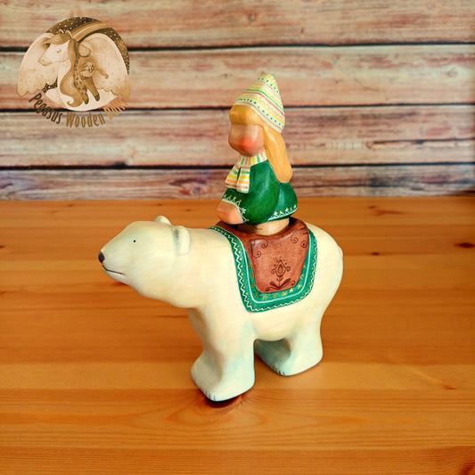 Wooden Polar Bear with rider (green)