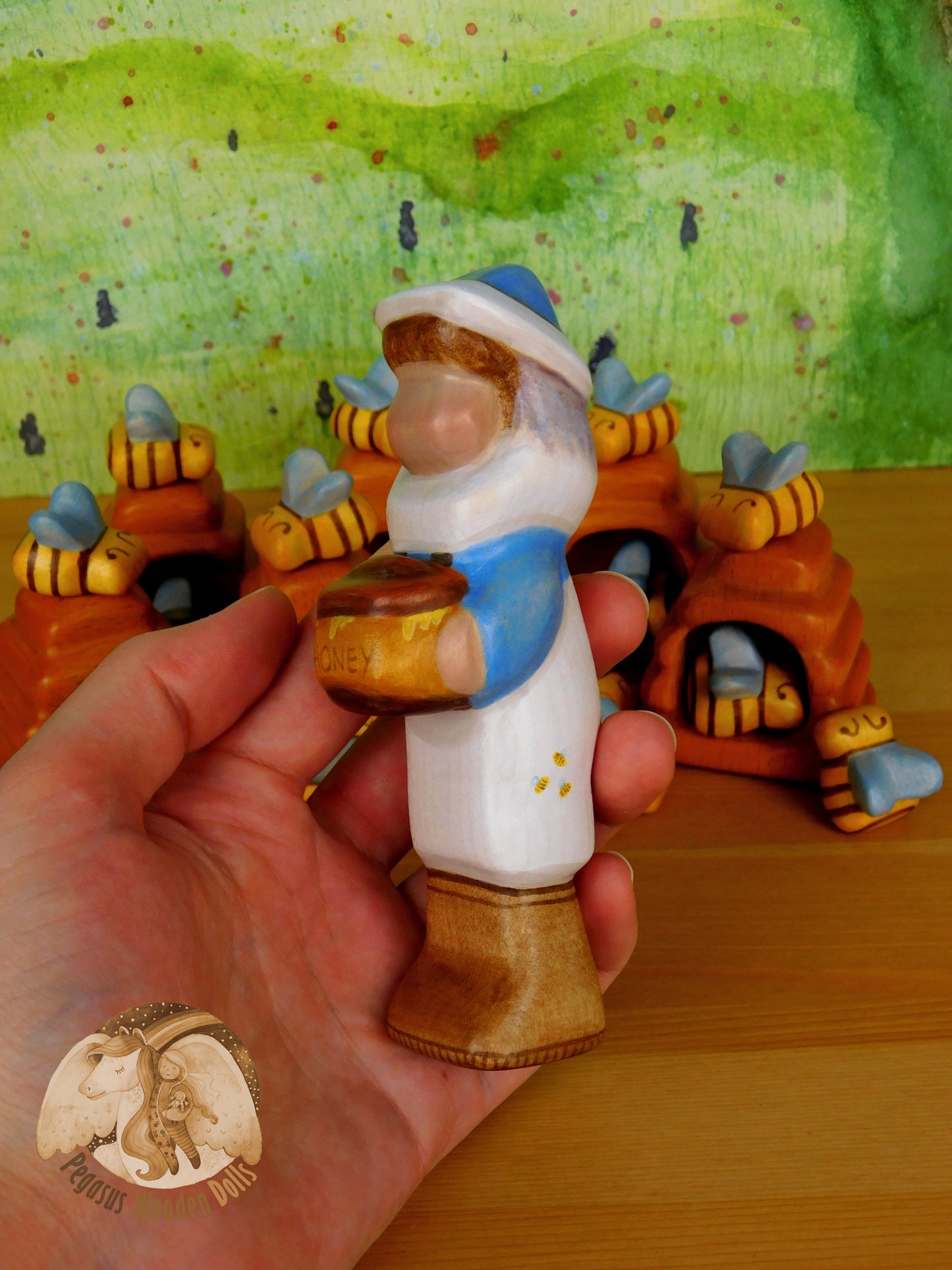 Wooden Blue Beekeeper with honey pot