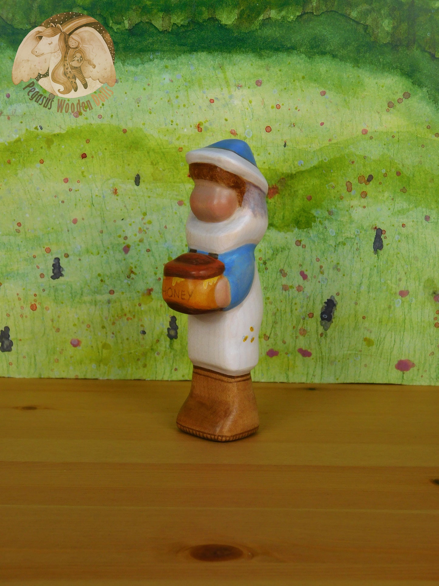 Wooden Blue Beekeeper with honey pot