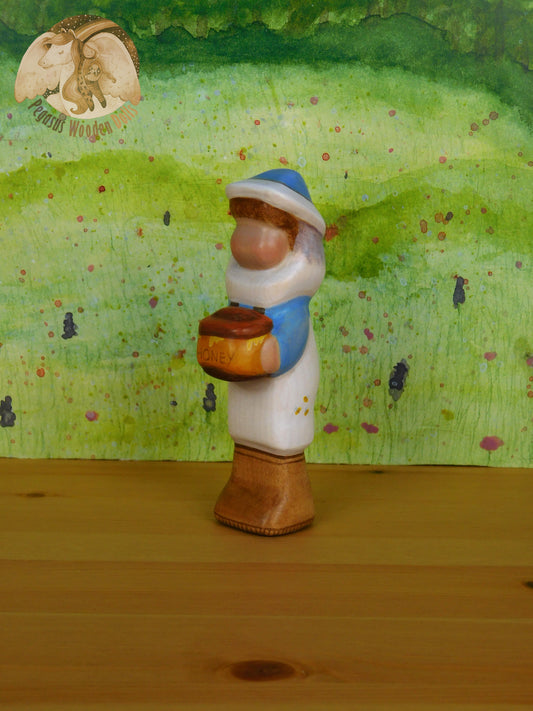 Wooden Blue Beekeeper with honey pot