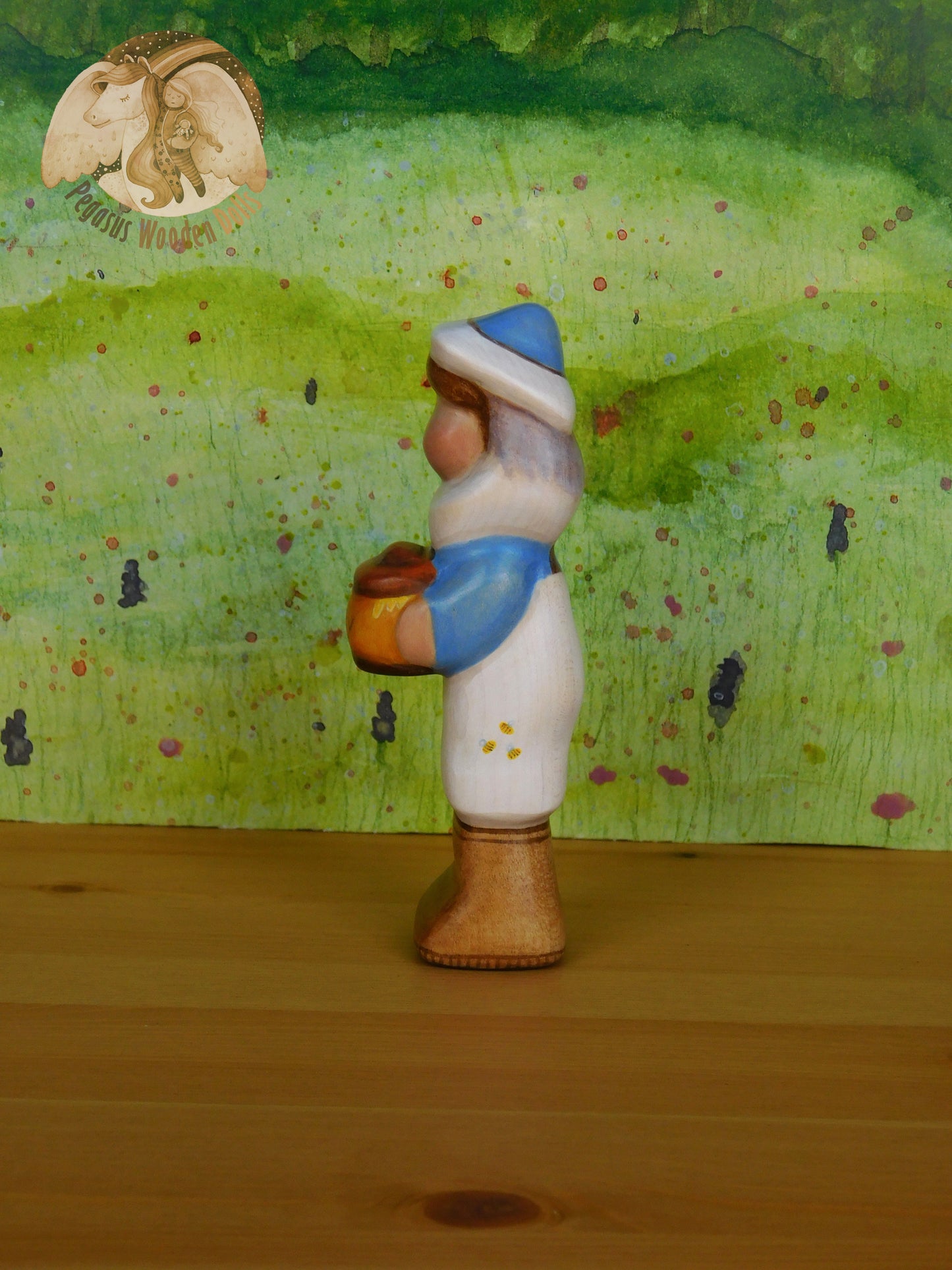 Wooden Blue Beekeeper with honey pot