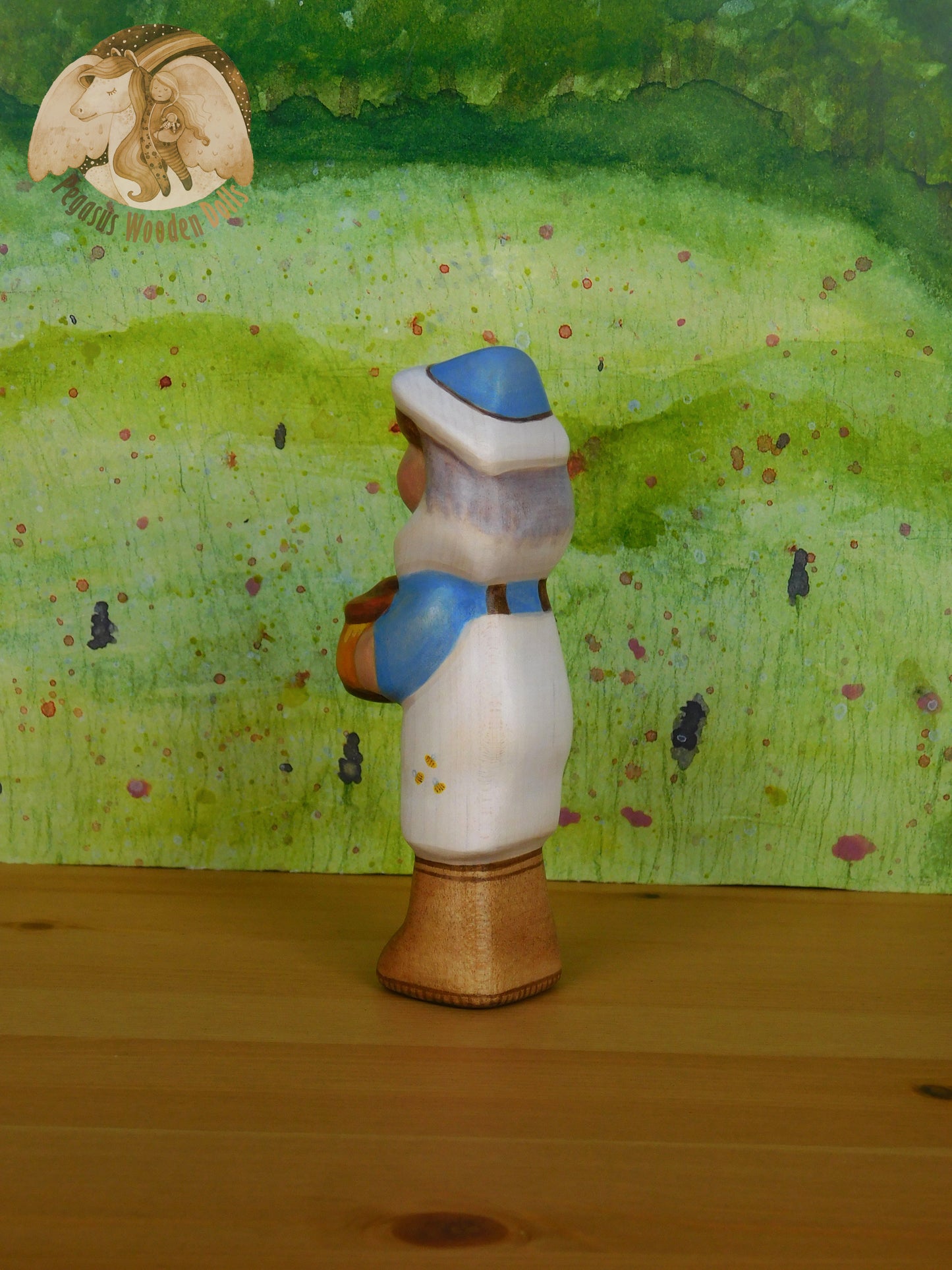 Wooden Blue Beekeeper with honey pot