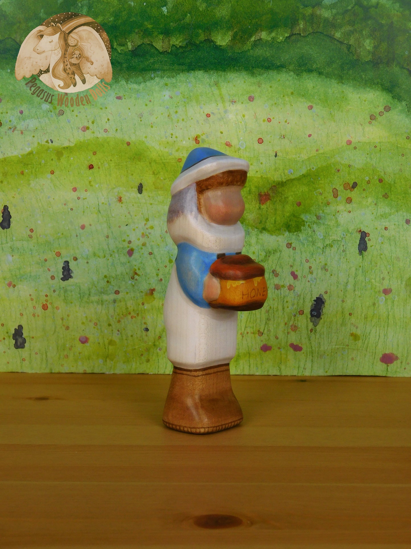 Wooden Blue Beekeeper with honey pot
