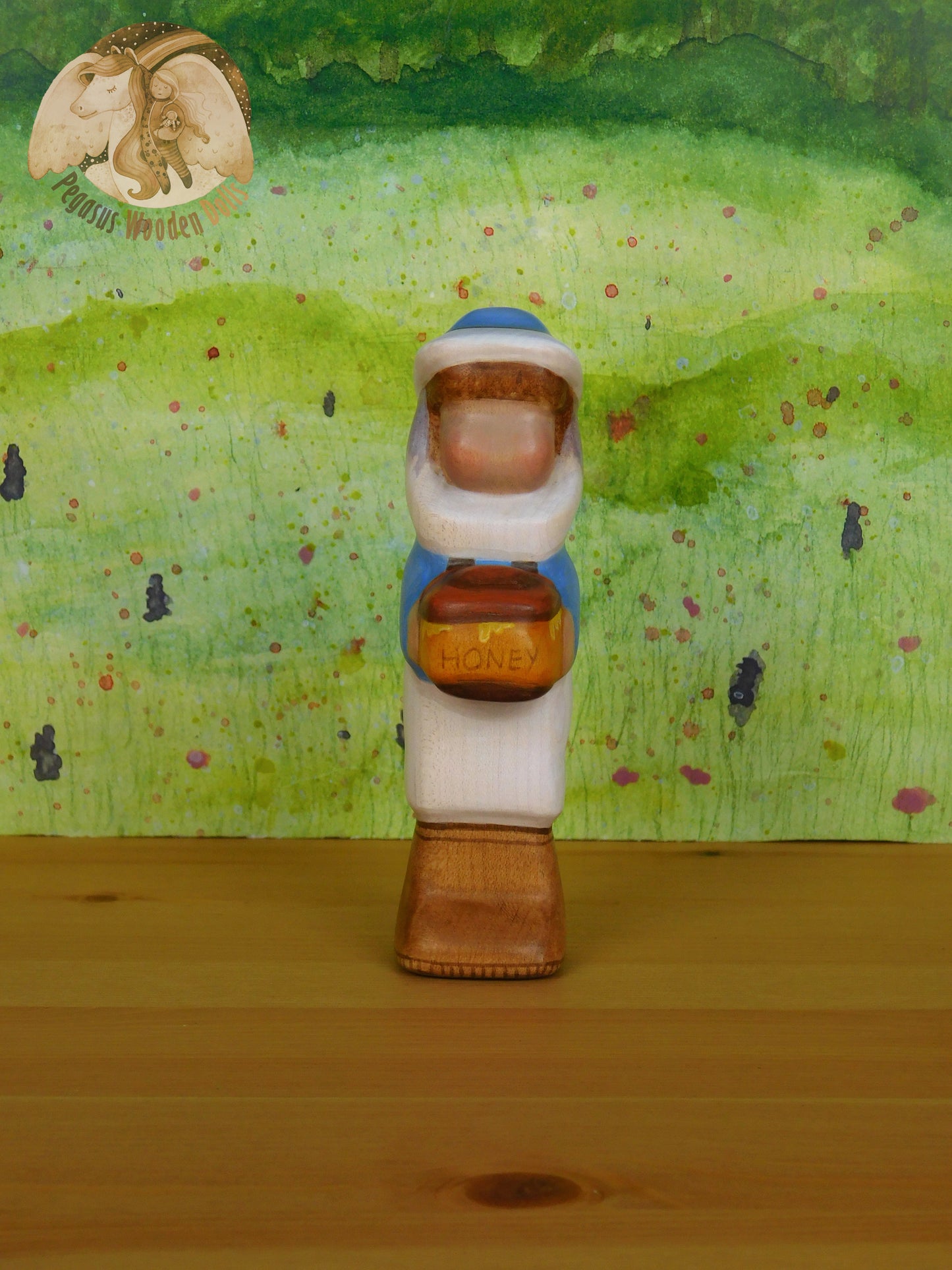 Wooden Blue Beekeeper with honey pot